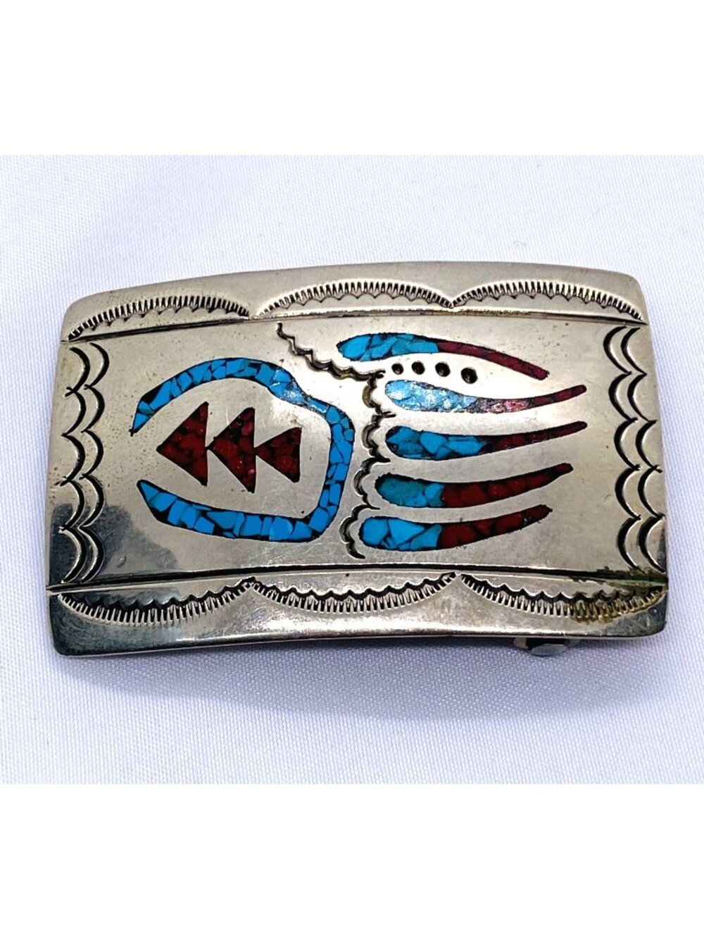 Southwest Signed Sterling Silver Turquoise Shell Inlay Buckle